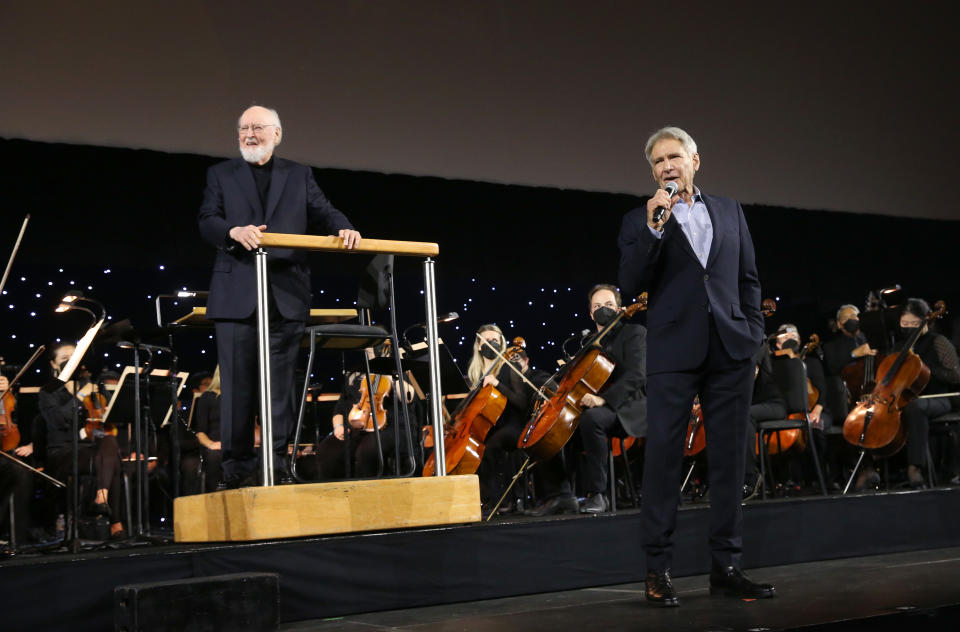 (L-R) John Williams and Harrison Ford on Thursday in Anaheim - Credit: Jesse Grant/For Disney