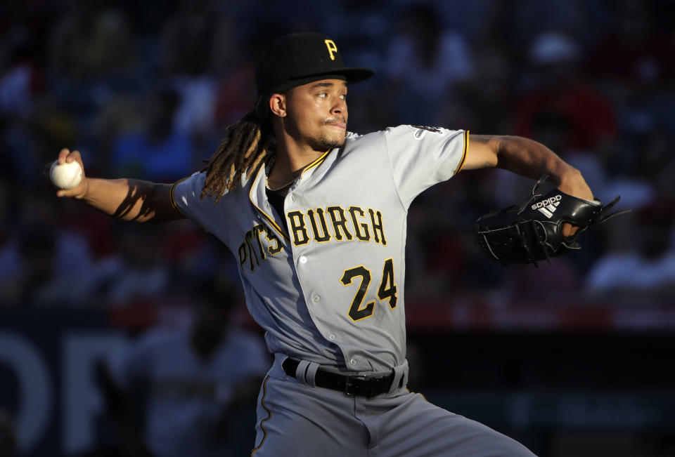 Pittsburgh Pirates starting pitcher Chris Archer throws to a Los Angeles Angels batter during the fifth inning of a baseball game Wednesday, Aug. 14, 2019, in Anaheim, Calif. (AP Photo/Marcio Jose Sanchez)