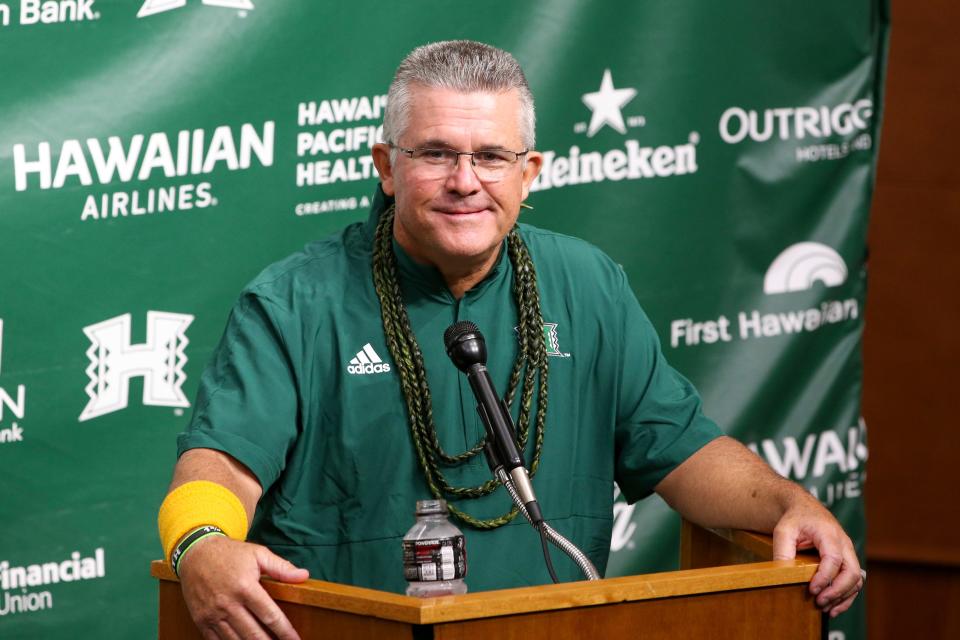 Hawaii head coach Todd Graham answers questions following the NCAA college football game against Portland State, Saturday, Sept. 4, 2021, in Honolulu. (AP Photo/Darryl Oumi)