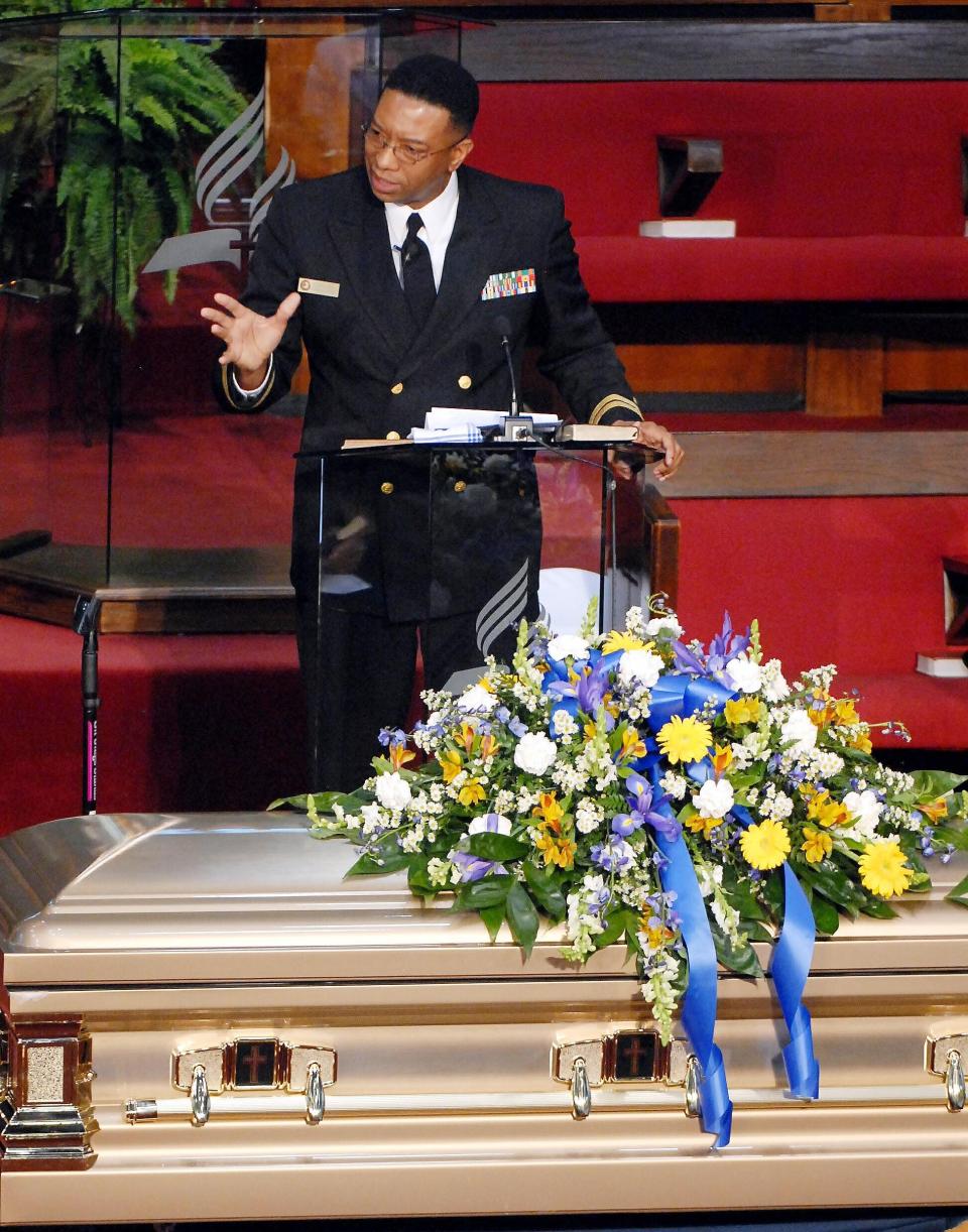 U.S. Navy Chaplain Raynard Allen delivers the eulogy in 2010 for 14-year-old Todd Brown, Allen's cousin, after Brown was shot to death by another student at Discovery Middle School in Madison, Ala.