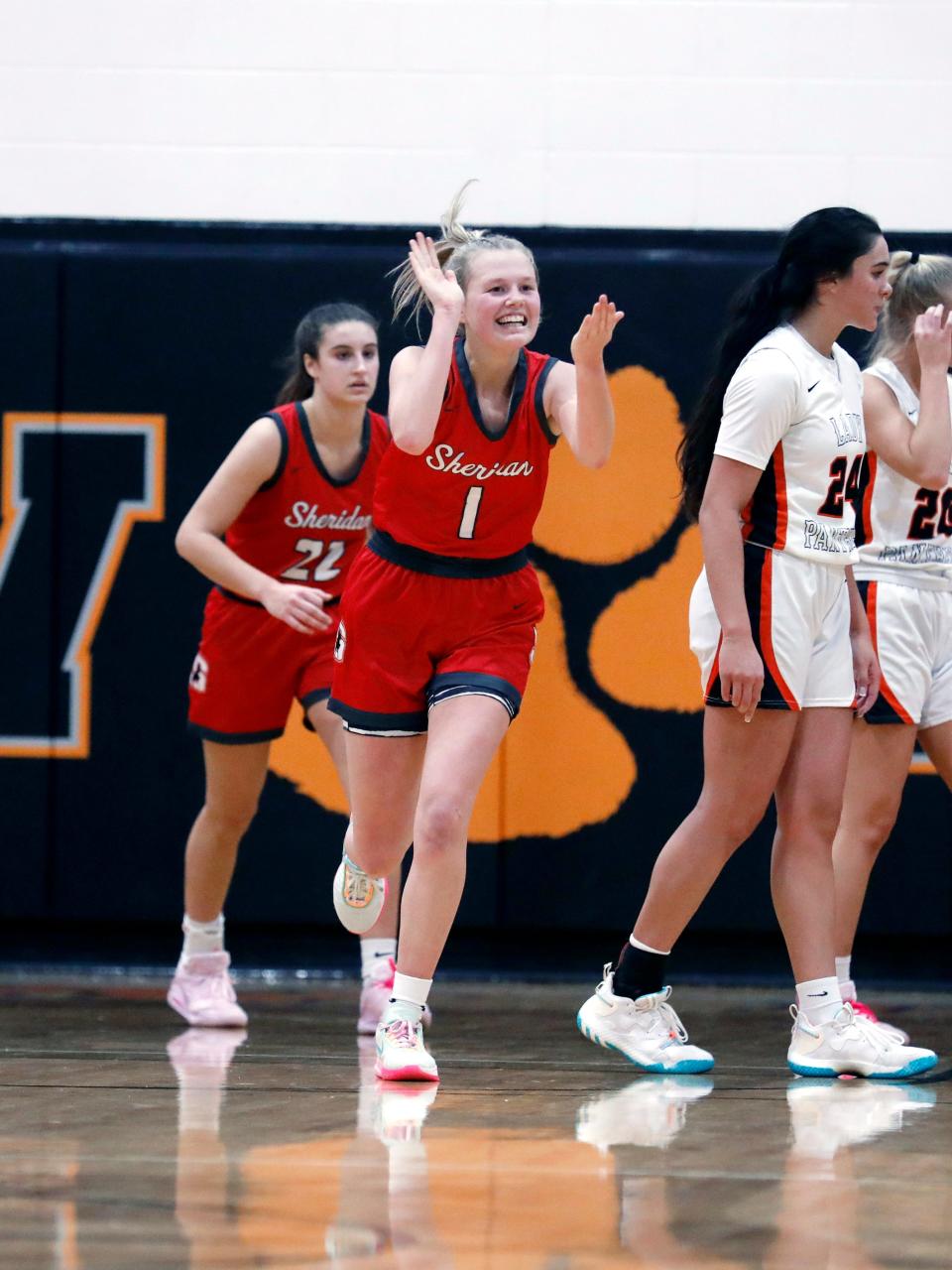 Jamisyn Stinson celebrates after Sheridan's 56-50 win against host New Lexington Wednesday night. The Generals used an 8-0 run in the fourth quarter to remain tied atop the Muskingum Valley League's Big School Division, as Stinson had a game-high 21 points.