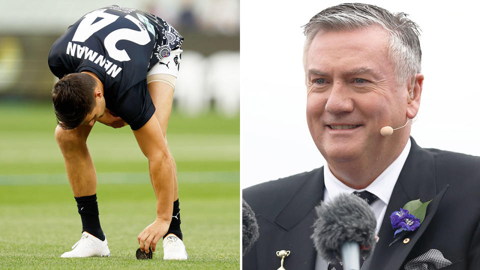 Pictured right is Eddie McGuire and a Carlton player inspecting the MCG playing surface.