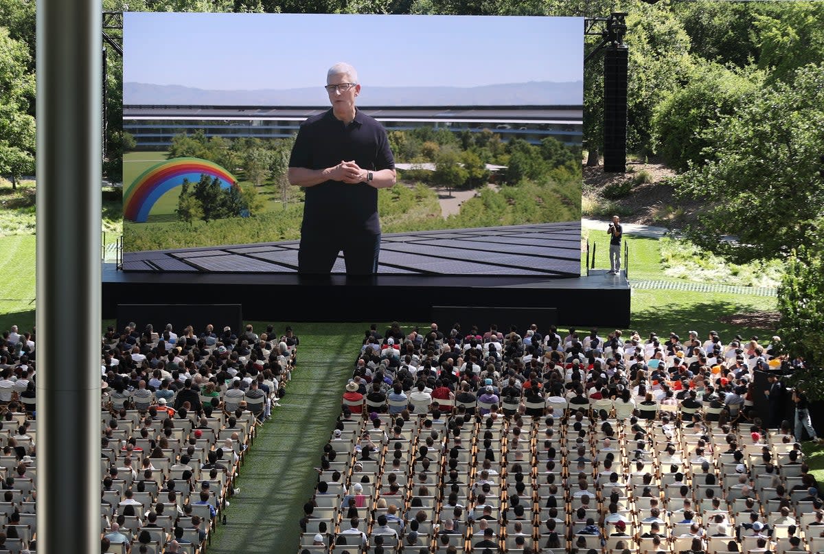 Apple CEO Tim Cook delivers remarks at the start of the Apple Worldwide Developers Conference (WWDC) on June 10, 2024 in Cupertino, California (Getty Images)