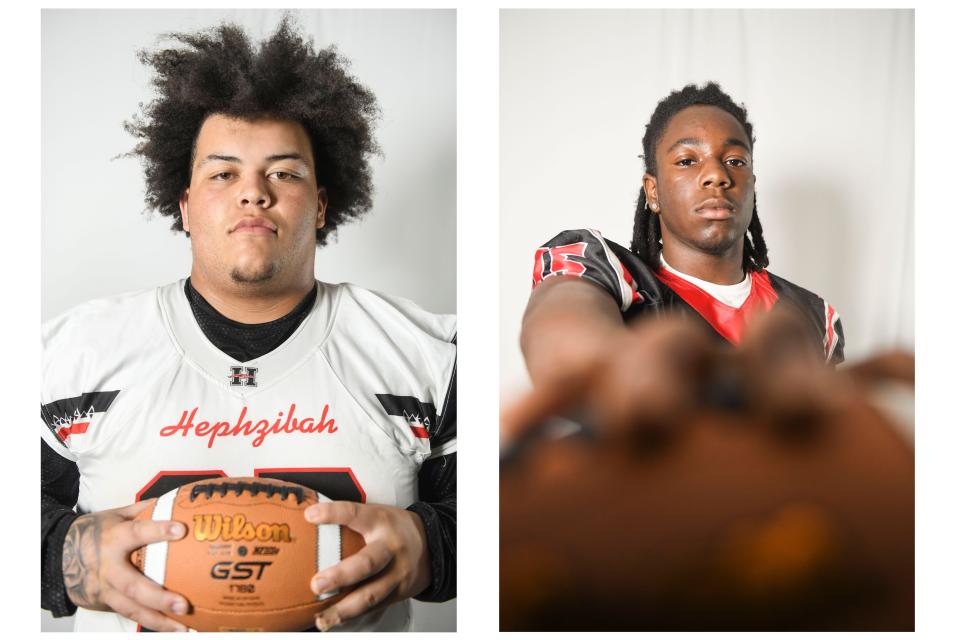 Hephzibah offensive lineman Brian Bailey (left) and running back Telly Johnson (right) pose for a portrait on July 26, 2023. 