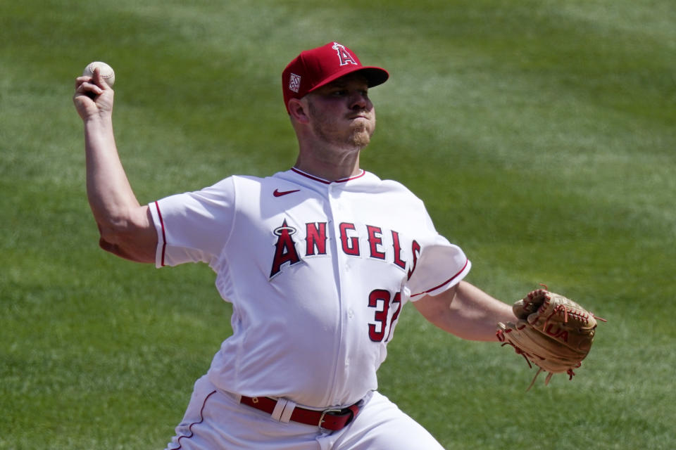 Los Angeles Angels starting pitcher Dylan Bundy throws to the plate during the first inning of a baseball game against the Houston Astros Tuesday, April 6, 2021, in Anaheim, Calif. (AP Photo/Mark J. Terrill)