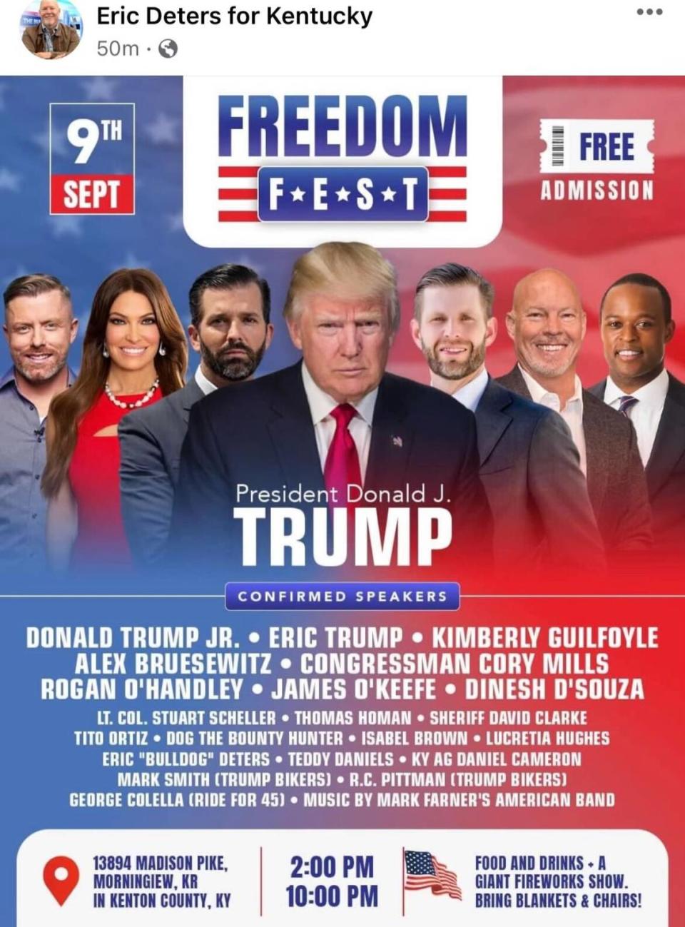 A flyer depicting speakers at Eric Deters’ Freedom Fest, a conservative rally where Deters says former president Donald Trump may appear.