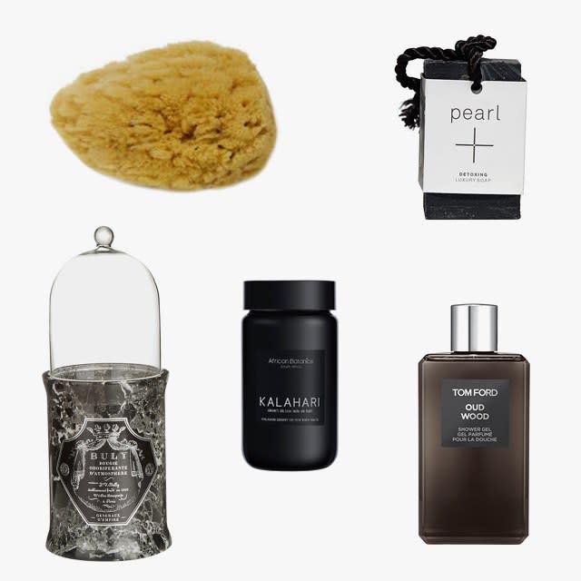 Bulk Apothecary Dead Sea sponge, $3, <a rel="noopener" href="http://fave.co/2mZJKic" target="_blank" data-ylk="slk:bulkapothecary.com;elm:context_link;itc:0;sec:content-canvas" class="link ">bulkapothecary.com</a>; Pearl Plus Detoxing Soap, $15, <a rel="noopener" href="http://fave.co/2n0cxTv" target="_blank" data-ylk="slk:capbeauty.com;elm:context_link;itc:0;sec:content-canvas" class="link ">capbeauty.com</a>; Tom Ford Oud Wood Shower Gel, $68, <a rel="noopener" href="http://fave.co/2mZUfSr" target="_blank" data-ylk="slk:nordstrom.com;elm:context_link;itc:0;sec:content-canvas" class="link ">nordstrom.com</a>; African Botanics Kalahari Desert Detox Bath Salts, $75, <a rel="noopener" href="http://fave.co/2mzXsg1" target="_blank" data-ylk="slk:africanbotanics.com;elm:context_link;itc:0;sec:content-canvas" class="link ">africanbotanics.com</a>; Revive Buly 1803 Generaux d’Empire scented candle, $160, <a rel="noopener" href="http://fave.co/2mzZzR8" target="_blank" data-ylk="slk:net-a-porter.com;elm:context_link;itc:0;sec:content-canvas" class="link ">net-a-porter.com</a>