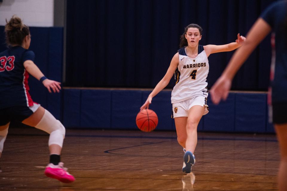 Lourdes' Kayla Johannesen drives up court during the girls basketball game at Our Lady of Lourdes High School in Poughkeepsie, NY on Saturday, December 9, 2023. Loudes defeated Kennedy 65-38. KELLY MARSH/FOR THE POUGHKEEPSIE JOURNAL