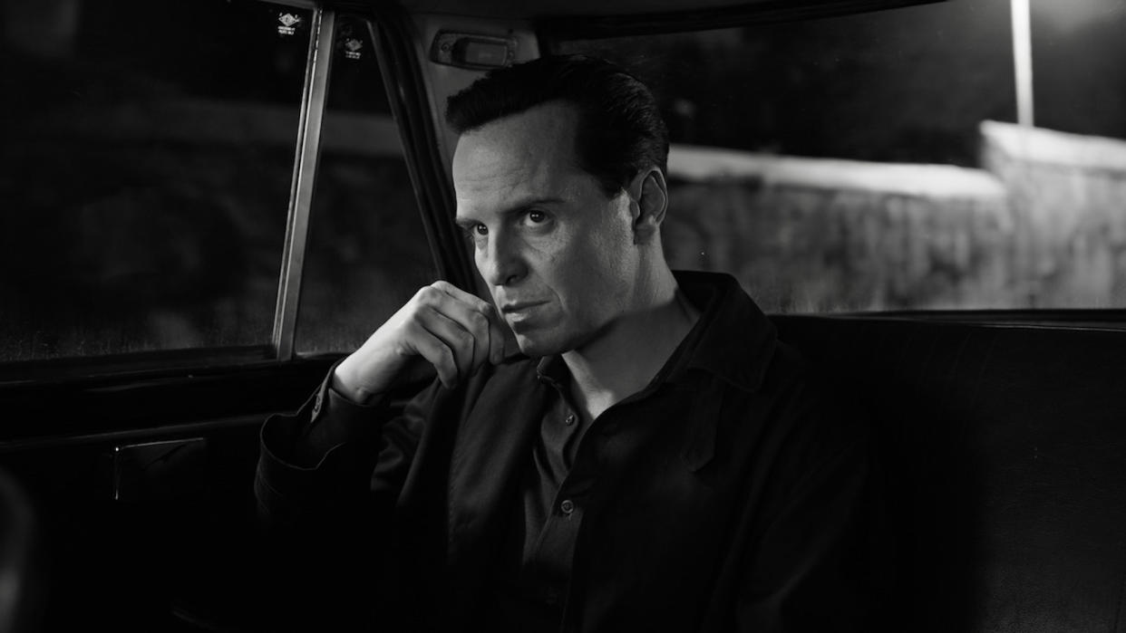  Black and white photo of Andrew Scott as Tom Ripley. 