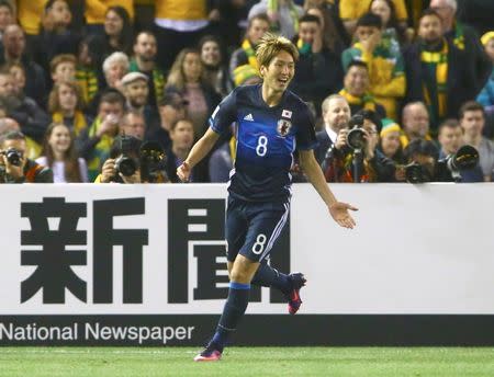 Football Soccer - Australia v Japan - World Cup 2018 Qualifier - Docklands stadium - Melbourne, Australia - 11/10/16. Genki Haraguchi of Japan celebrates his goal against Australia. REUTERS/David Gray