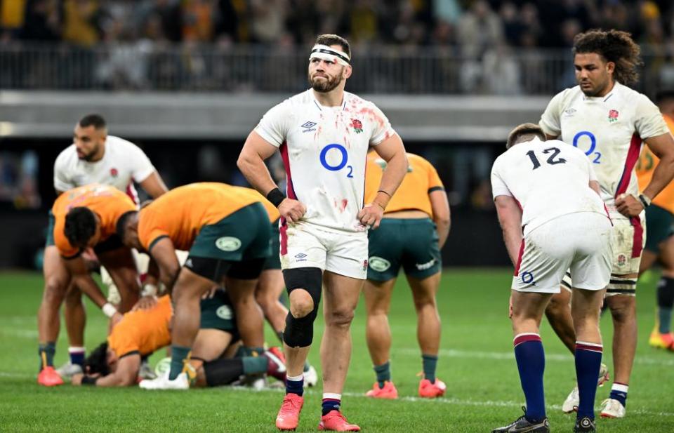 Luke Cowan-Dickie of England reacts following a Wallabies try.