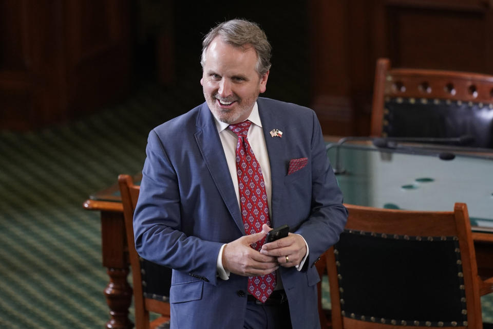 Texas State Sen. Bryan Hughes, R-Mineola, arrives to the Senate Chamber at the Texas Capitol in Austin, Texas, Monday, May 29, 2023. The historic impeachment of Texas Attorney General Ken Paxton is plunging Republicans into a bruising fight over whether to banish one of their own in America's biggest red state. (AP Photo/Eric Gay)