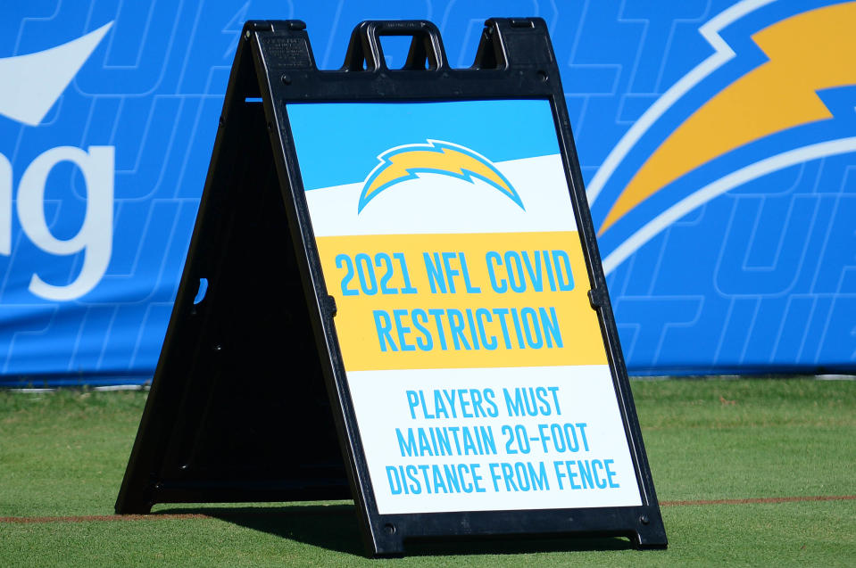 Jul 29, 2021; Costa Mesa, CA, United States; Sign highlighting COVID-19 restrictions at Los Angeles Chargers camp at Jack Hammett Sports Complex. Mandatory Credit: Gary A. Vasquez-USA TODAY Sports