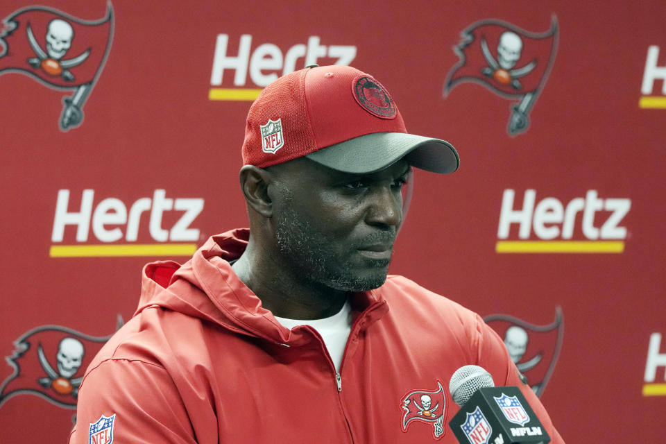 Tampa Bay Buccaneers head coach Todd Bowles addresses the media after an NFL football NFC divisional playoff game against the Detroit Lions, Sunday, Jan. 21, 2024, in Detroit. (AP Photo/Carlos Osorio)