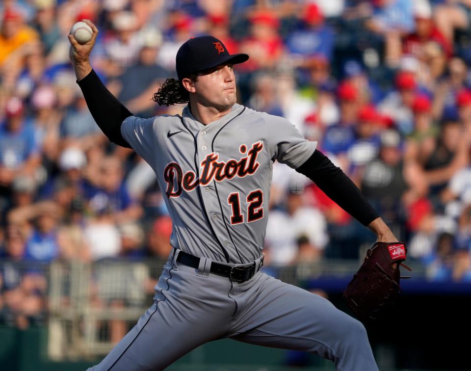 Casey Mize #12 of the Detroit Tigers throws in the first inning against the Kansas City Royals at Kauffman Stadium on July 24, 2021 in Kansas City, Missouri.