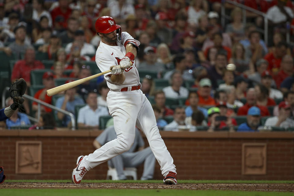 St. Louis Cardinals' Paul Goldschmidt swings on a solo home run during the fifth inning of the team's baseball game against the Chicago Cubs on Tuesday, Aug. 2, 2022, in St. Louis. (AP Photo / Scott Kane)