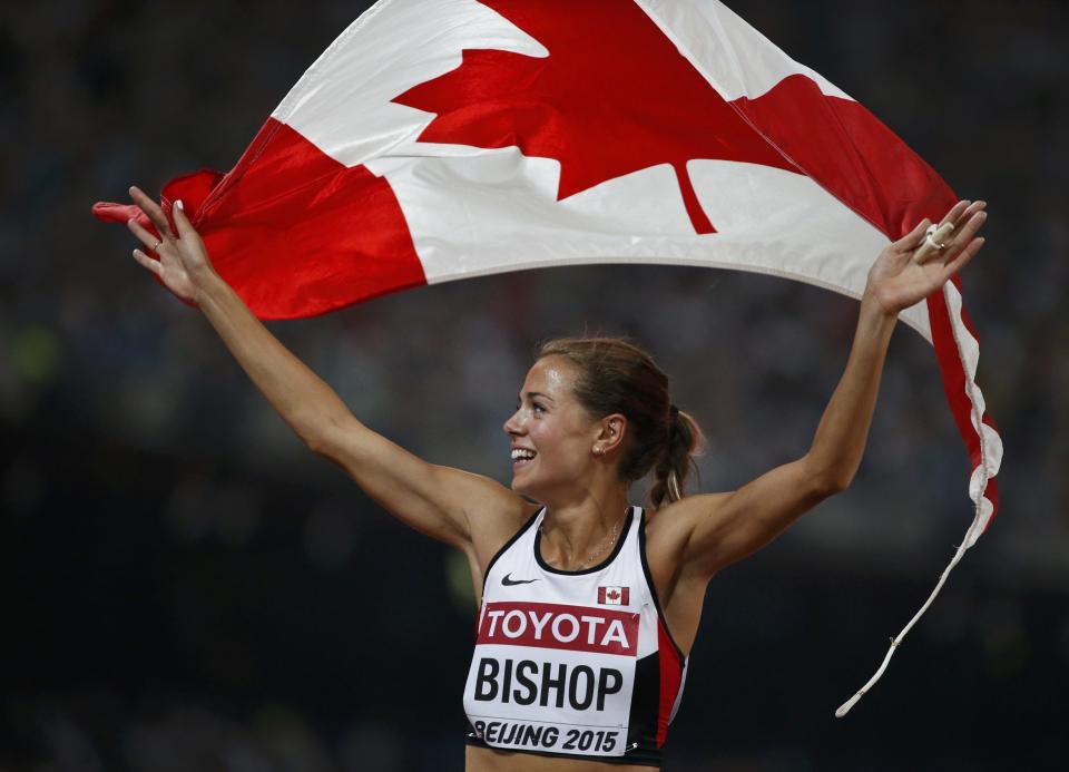 Melissa Bishop of Canada reacts after after placing second in the women's 800m event during the 15th IAAF World Championships at the National Stadium in Beijing, China August 29, 2015. REUTERS/Lucy Nicholson