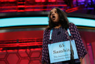 <p>Samhita Kumar, 11, of Gold River, Calif., is surprised to hear that she spelled her word correctly during the 90th Scripps National Spelling Bee in Oxon Hill, Md., Thursday, June 1, 2017. (AP Photo/Jacquelyn Martin) </p>