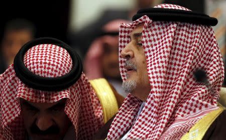 Saudi Arabia's Foreign Minister Prince Saud al-Faisal (R) attends near his delegations the foreign ministers of the Arab League meeting ahead of the Arab Summit in Sharm el-Sheikh, in the South Sinai governorate, south of Cairo, March 26, 2015. REUTERS/Amr Abdallah Dalsh