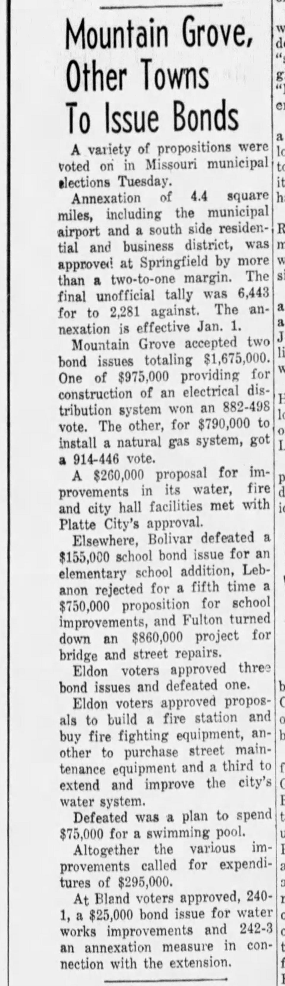 An article about the Mountain Grove bonds approved by voters in the Poplar Bluff Republican published on Nov. 30, 1967.