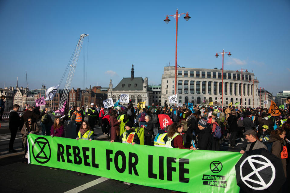 Thousands of Extinction Rebellion activists took over 5 bridges in Central London and blocked them for the day, November 17 2018, Central London, United Kingdom. The actvists believe that the government is not doing enough to avoid catastrophic climate change and they demand the government take radical action to save future generations and the planet. | Kristian Buus—In Pictures via Getty Images