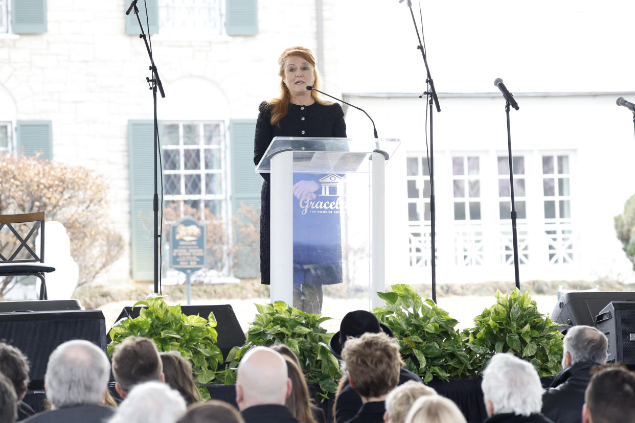 Sarah Ferguson, Duchess of York, speaks at the public memorial for Lisa Marie Presley.