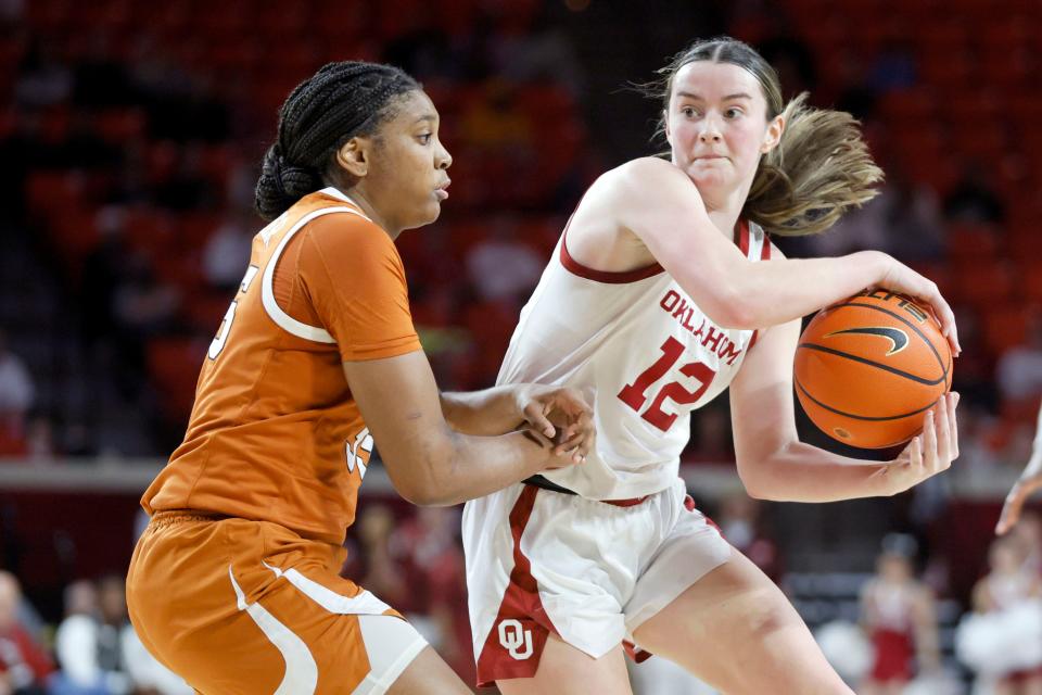 OU guard Payton Verhulst (12) passes as Texas forward Madison Booker (35) defends during the Sooners' 71-70 win on Feb. 28 at Lloyd Noble Center in Norman.