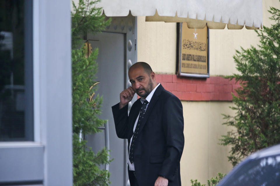 A security guard walks outside Saudi Arabia’s consulate in Istanbul, Saturday, Oct. 20, 2018 (AP Photo/Lefteris Pitarakis)