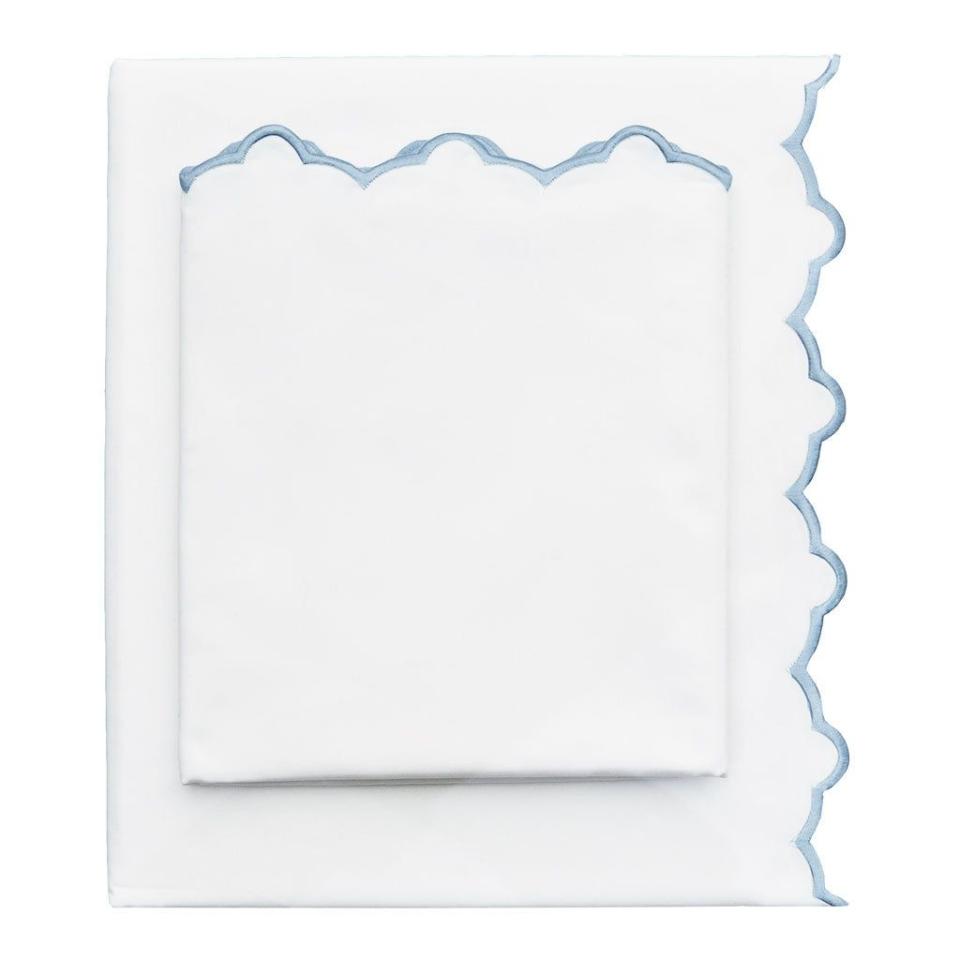 French Blue Scalloped Embroidered Sheet Set