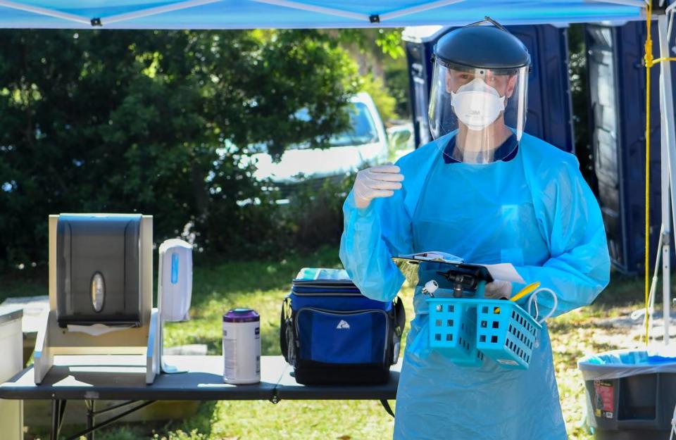 Dr. Mark Bechtel, D.O., wearing full personal protective equipment on Friday, April 2, 2020 at Beaufort Memorial Hospital’s Express Care on Ribaut Road.