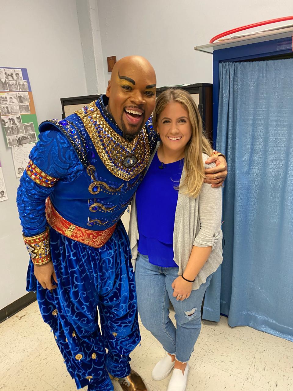 Michael James Scott, who plays the Genie in "Aladdin," came to school with a camera crew to surprise Lori Anne Travers.