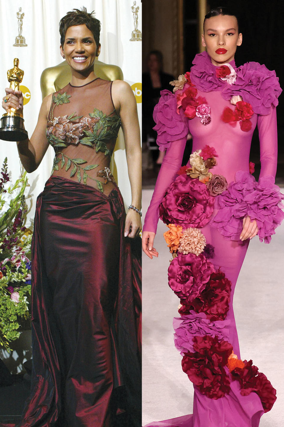 Halle Berry at the Oscars. Right: A sheer-meets-floral Fall-Winter 2023 look by Christian Siriano.