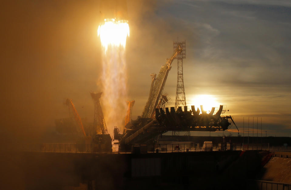 The Soyuz-FG rocket booster with Soyuz MS-11 space ship carrying a new crew to the International Space Station, ISS, blasts off at the Russian leased Baikonur cosmodrome, Kazakhstan, Monday, Dec. 3, 2018. The Russian rocket carries U.S. astronaut Anne McClain, Russian cosmonaut Оleg Kononenko‎ and CSA astronaut David Saint Jacques. (AP Photo/Dmitri Lovetsky)