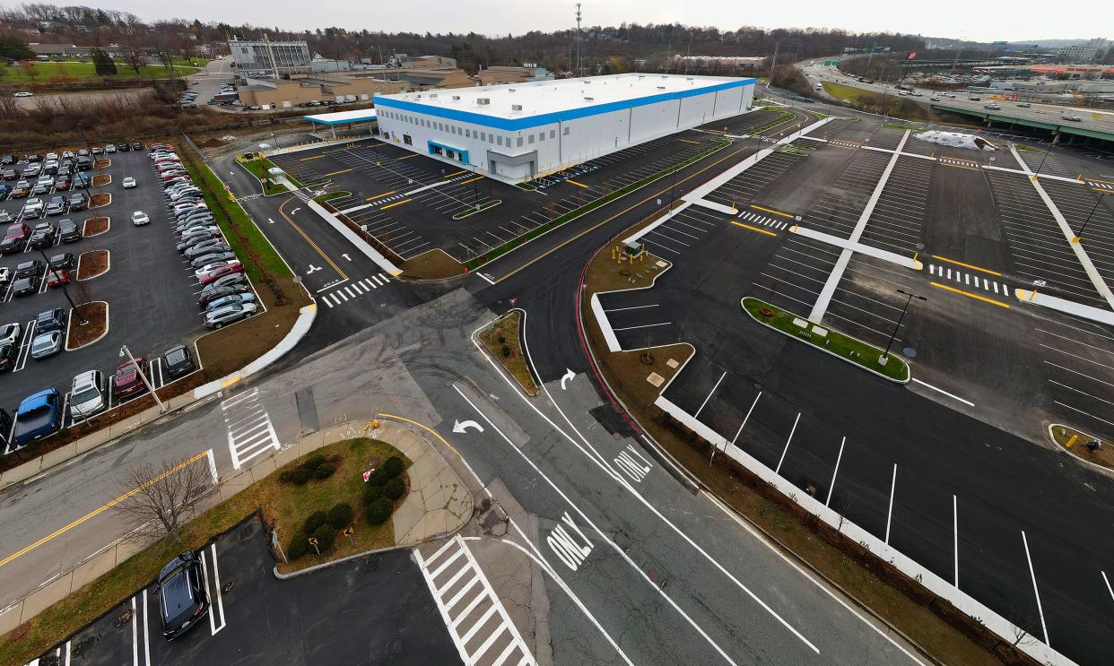 The aerial shot, taken in December, shows the Amazon warehouse at the old Greendale Mall site.