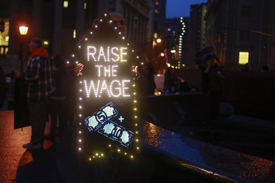 Demonstrators gather during a nationwide strike and protest at fast food restaurants to raise the minimum hourly wage to $15 in New York