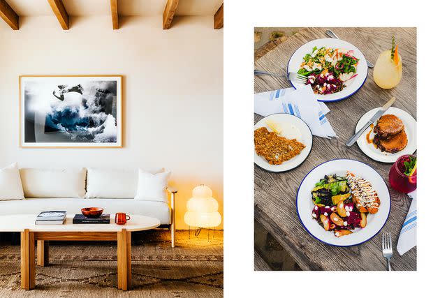 <p>Justin Kaneps</p> From left: Airy interiors at Montauk Marram, a recently converted 1960s motel; a lunch spread from the hotel's Mostrador restaurant.