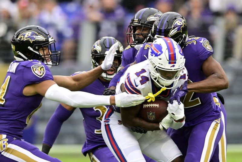 Buffalo Bills wide receiver Stefon Diggs (14) caught just three passes in a loss to the Denver Broncos on Monday in Orchard Park, N.Y. File Photo by David Tulis/UPI