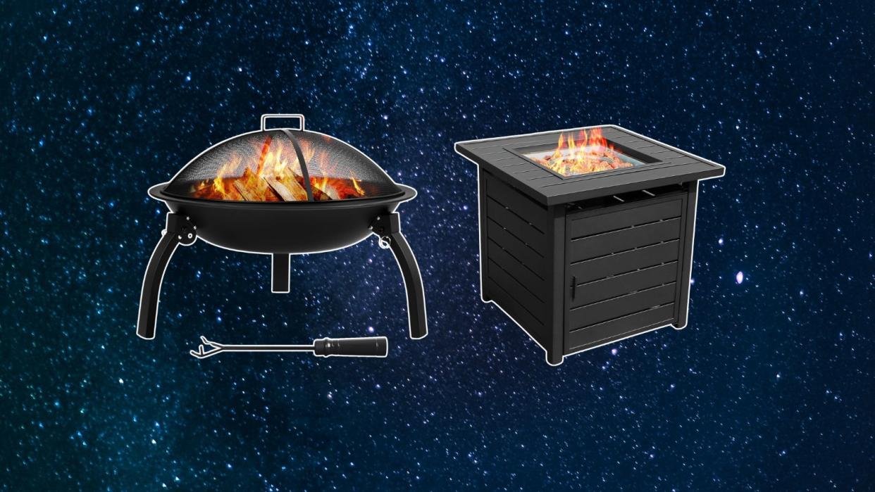  Two small outdoor fire pits on a starry blue sky background. 