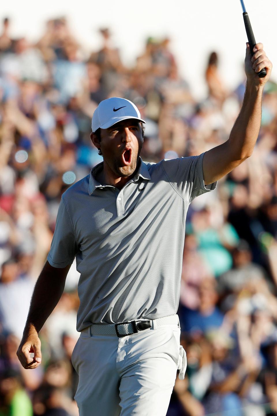 SCOTTSDALE, ARIZONA - FEBRUARY 13: Scottie Scheffler of the United States reacts after a birdie on the third playoff hole to win the WM Phoenix Open at TPC Scottsdale on February 13, 2022 in Scottsdale, Arizona. (Photo by Christian Petersen/Getty Images)