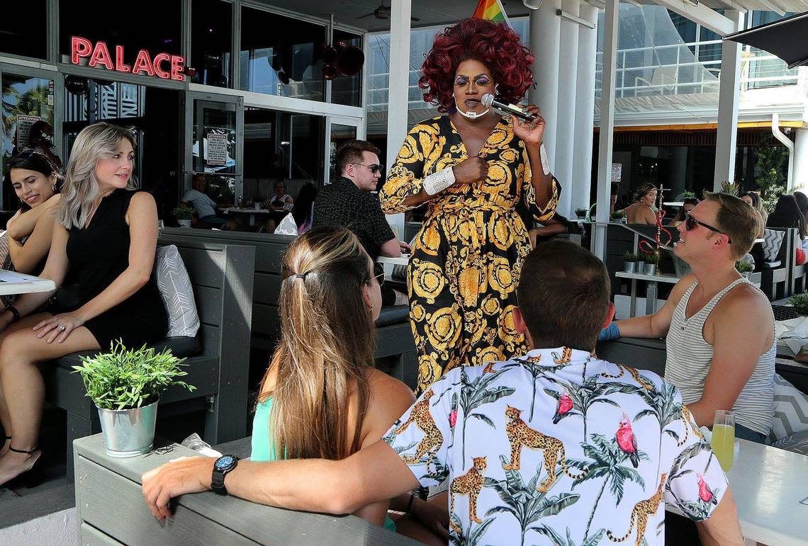 Drag artist Tiffany T. Fantasia performs at the iconic Palace Bar & Restaurant on Ocean Drive, which is famous for its drag brunch.
