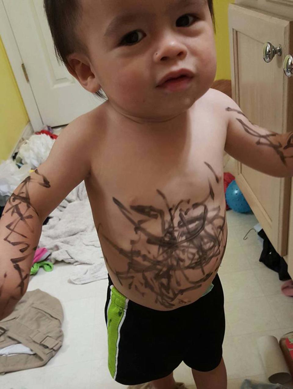 <p><span id="fbPhotoPageCaption" class="fbPhotosPhotoCaption" tabindex="0" data-ft="{&quot;tn&quot;:&quot;*G&quot;,&quot;type&quot;:45}">"His older sister gave him a marker to color with while I was cooking dinner."</span></p>