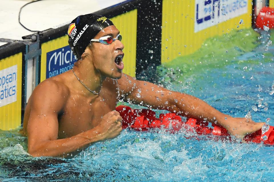 Spain's Hugo Gonzalez de Oliveira celebrates after winning  the final of the Mens 200m Individual Medley Swimming event during the LEN European Aquatics Championships at the Duna Arena in Budapest on May 20, 2021. (Photo by Attila KISBENEDEK / AFP) (Photo by ATTILA KISBENEDEK/AFP via Getty Images)