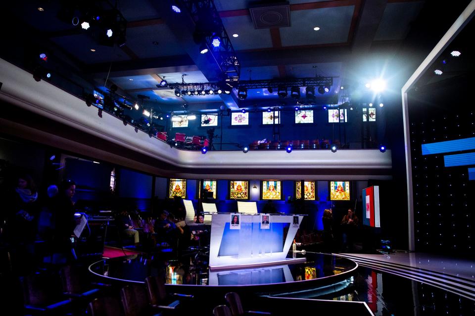 Inside Sheslow Auditorium where preparation was underway for the CNN/Des Moines Register Democratic presidential debate on Jan. 12, 2020, the last time there was a presidential debate at Drake University in Des Moines.