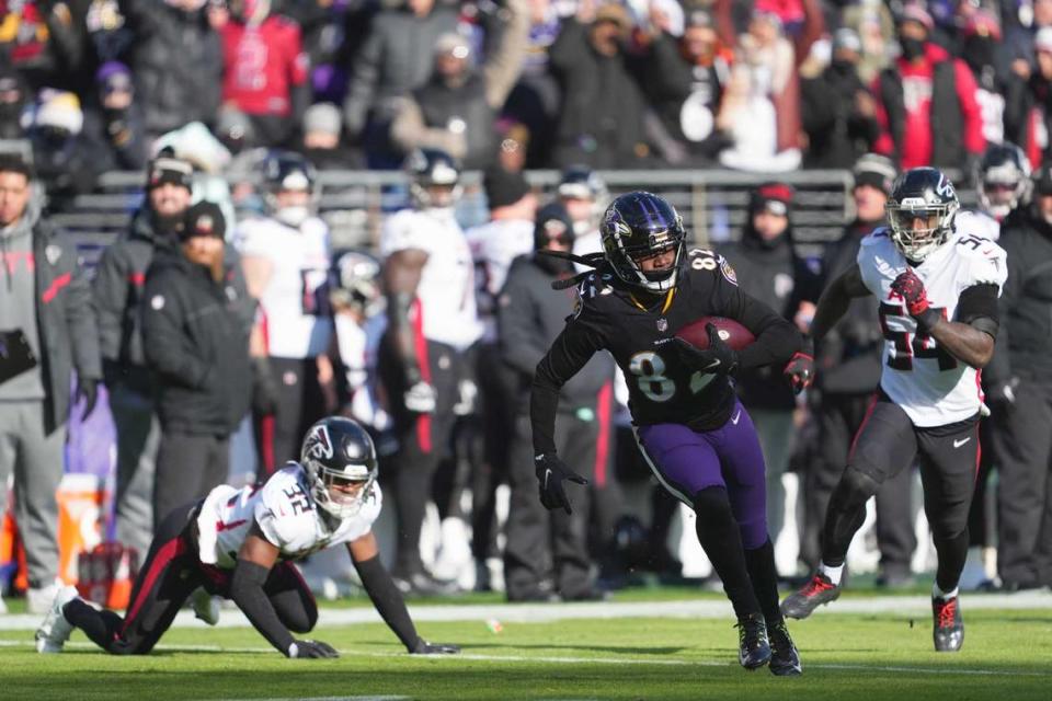 Dec 24, 2022; Baltimore, Maryland, USA; Baltimore Ravens wide receiver Sammy Watkins (82) runs after a catch in the first quarter against the Atlanta Falcons at M&T Bank Stadium.