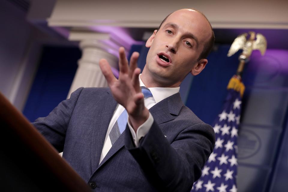 Stephen Miller talks to reporters about President Trump’s support for creating a “merit-based immigration system” at the White House in August 2017. (Photo by Chip Somodevilla/Getty Images)