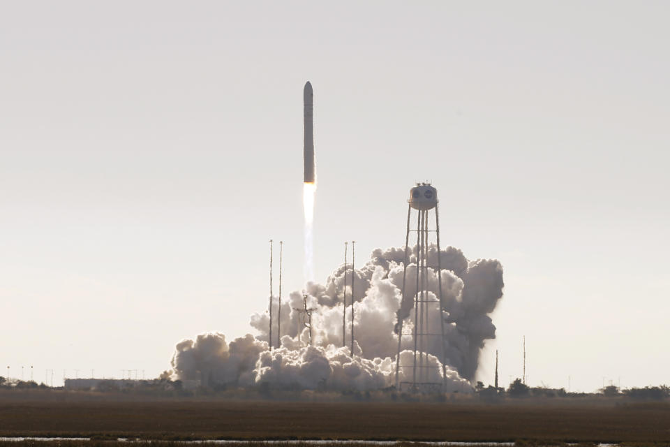 Northrop Grumman's Antares rocket lift off the launch pad at NASA Wallops Flight facility in Wallops Island, Va., Saturday, Nov. 2, 2019. The rocket is carrying a Cygnus spacecraft carrying supplies to the International Space Station. (AP Photo/Steve Helber)