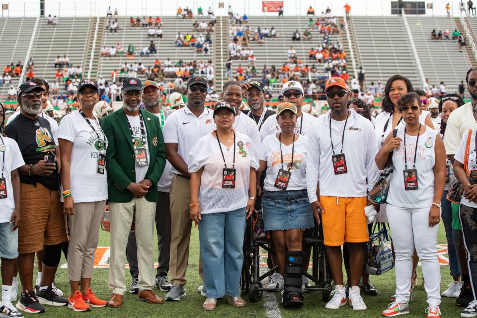 Florida A&M President Larry Robinson, Rattler head football coach Willie Simmons, as well as family and friends of Ken Riley are recognized before kickoff as FAMU announces the naming of the football field as the “Ken Riley Field” on Saturday, Sept. 16, 2023.