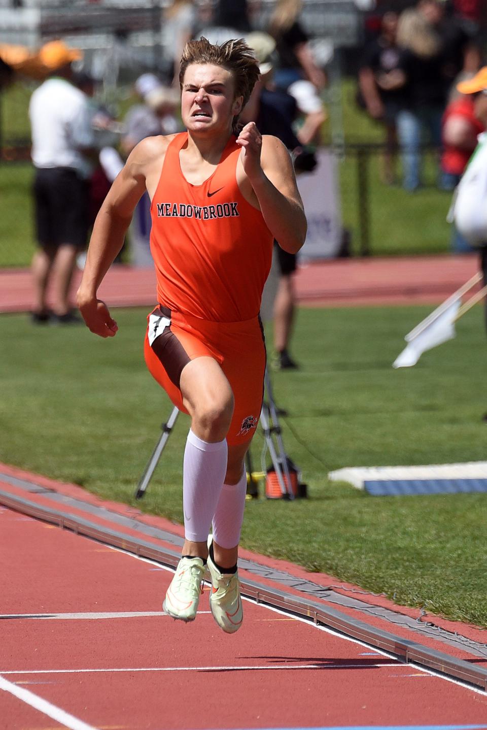 Meadowbrook senior Kahle Flowers races in the 400 during day one of the OHSAA Division II state track and field championships on Friday, June 3, 2022 at Jesse Owens Memorial Stadium in Columbus. Flowers qualified for the finals in the event on Saturday.