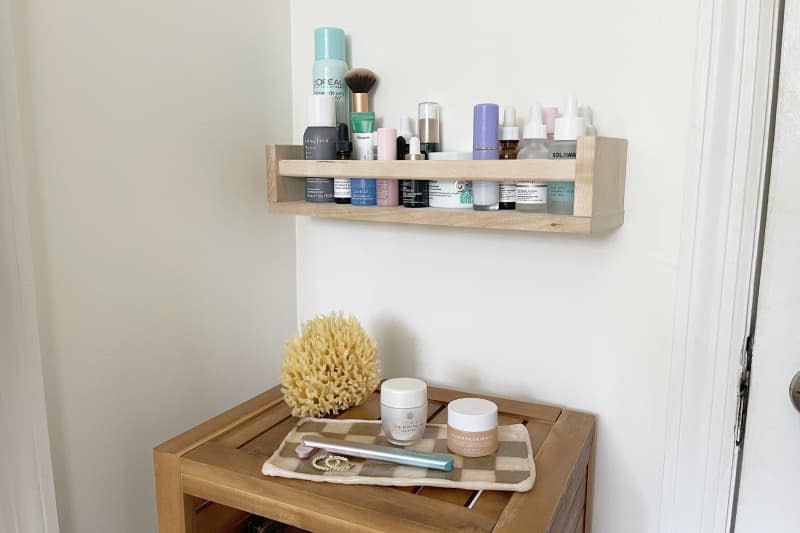 Wooden spice rack, bathroom floating shelf, for bath products, bottles, loofah, tray, cream