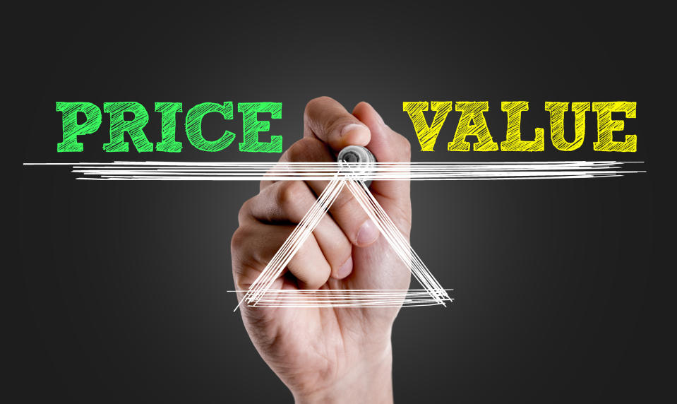 A hand drawing a scale with the words price and value on either side.